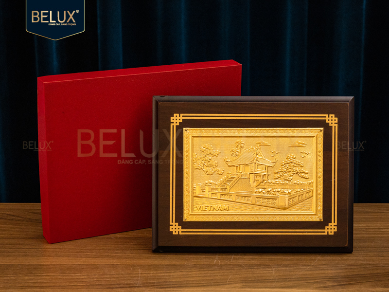 Tranh Chùa Một Cột bằng đồng mạ vàng 24k 22x17cm